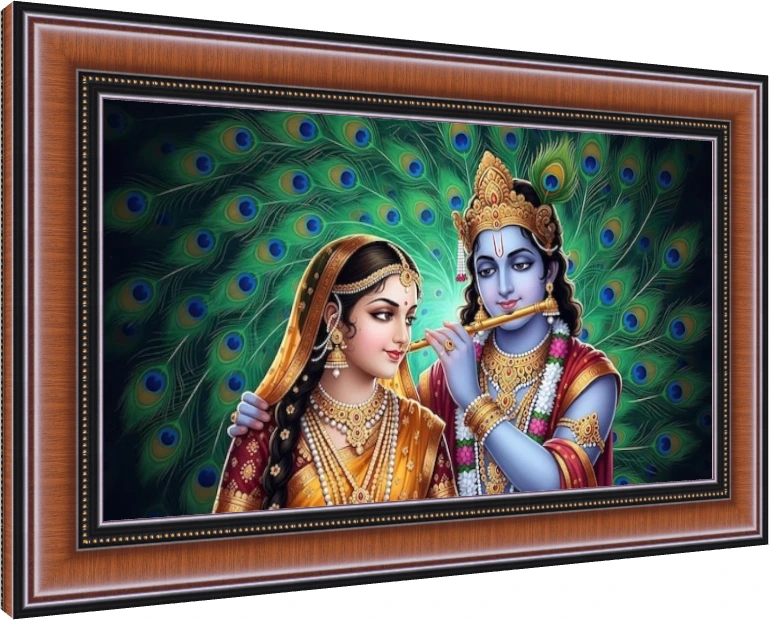 Majestic Peacock Radha Krishna Canvas wall art print — photo frame preview | PrintPosters.in